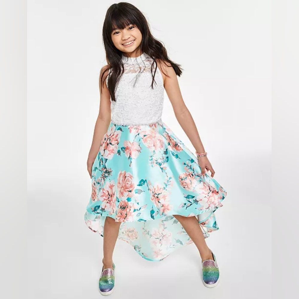 Speechless Big Girls Glitter Lace & Floral Mikado Hi-Low Dress